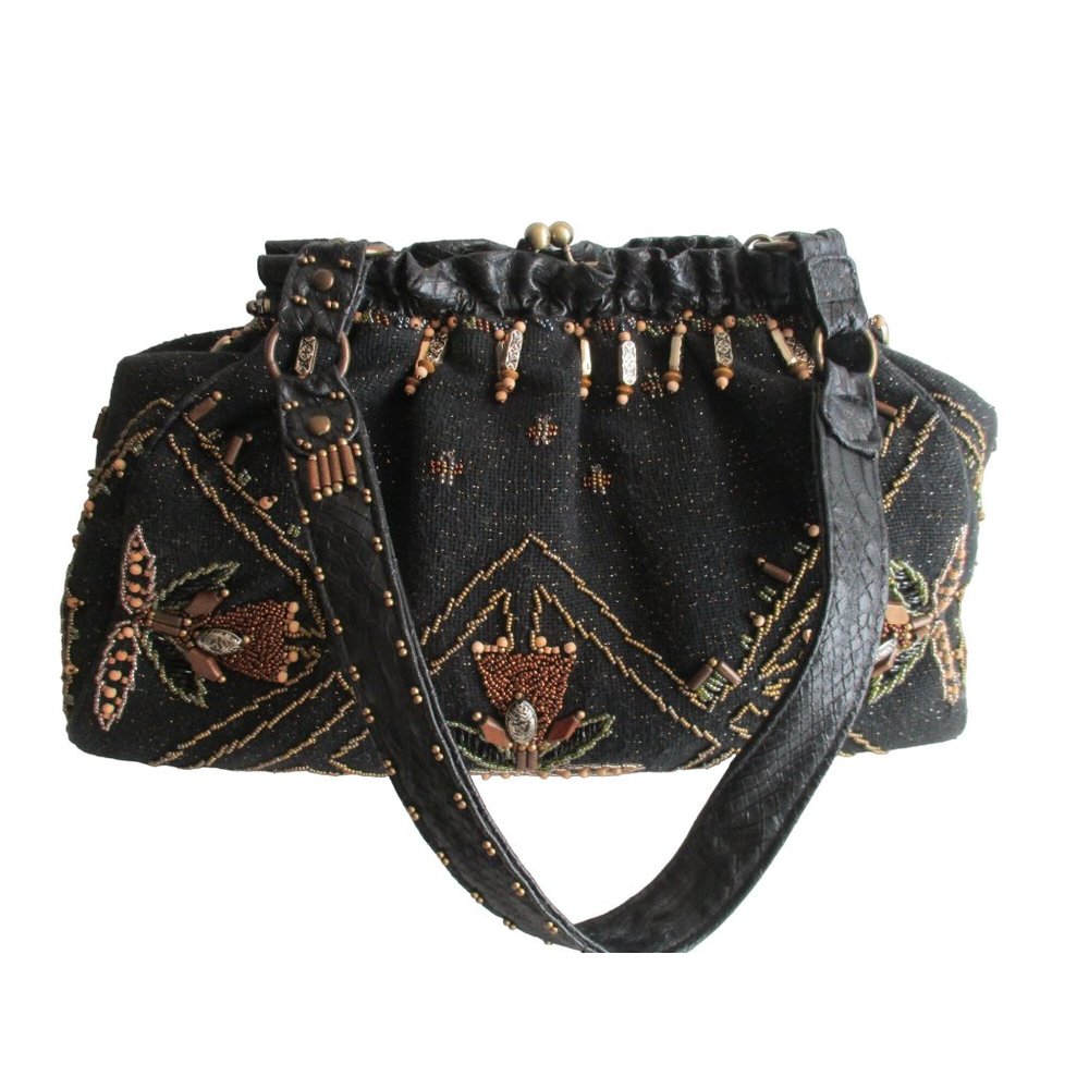 *Mary Frances Vintage Brown Beaded Satchel Tulip Motif Seed and Wooden Beads